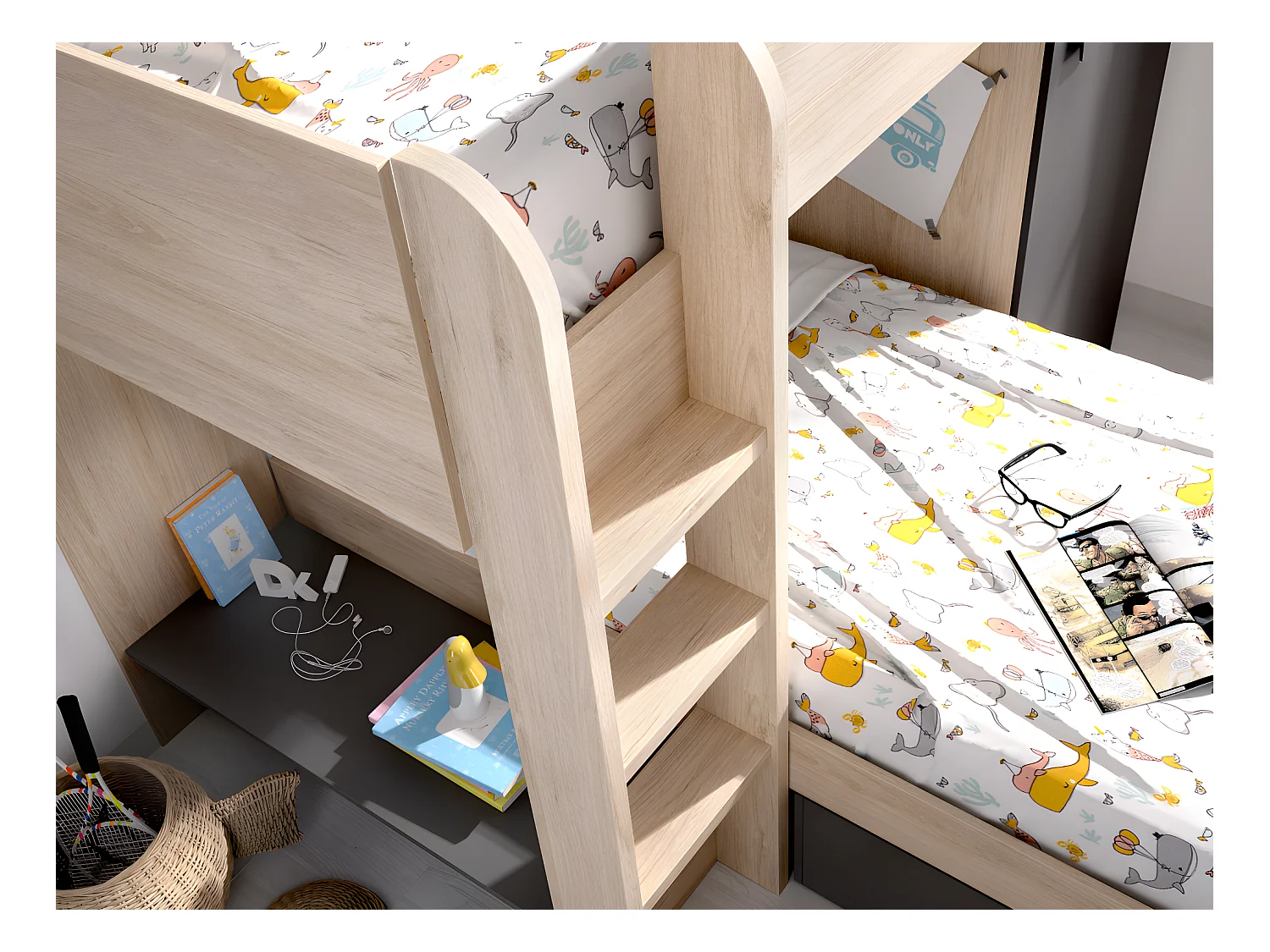 Eck-Hochbett modulierbar - 2 x 90 x 190 cm - mit Stauraum - Holzfarben & Anthrazit + Matratze - RICARDO