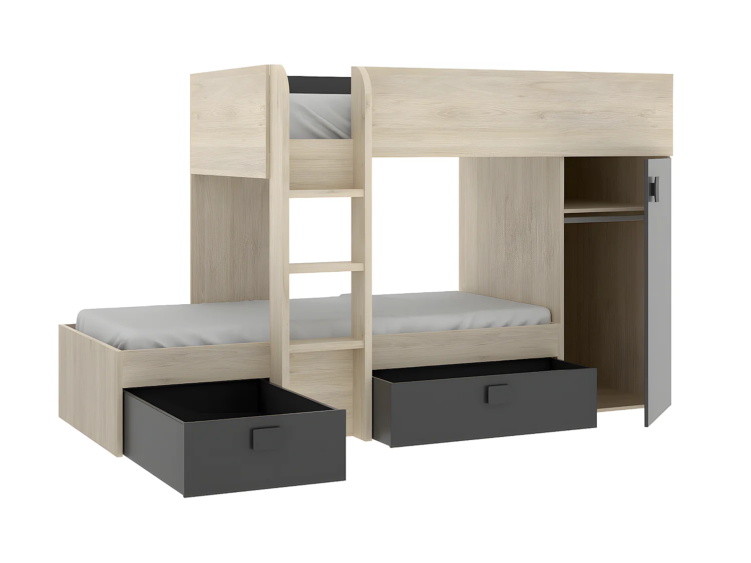 Eck-Hochbett modulierbar - 2 x 90 x 190 cm - mit Stauraum - Holzfarben & Anthrazit + Matratze - RICARDO