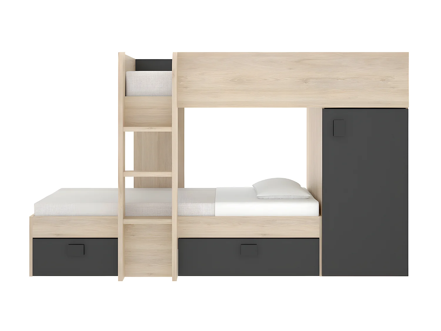 Eck-Hochbett modulierbar - 2 x 90 x 190 cm - mit Stauraum - Holzfarben & Anthrazit + Matratze - RICARDO