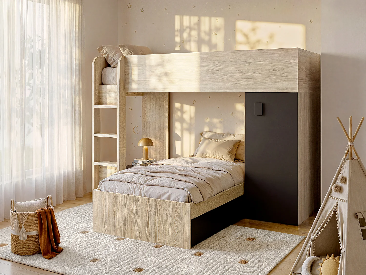 Eck-Hochbett modulierbar - 2 x 90 x 190 cm - mit Stauraum - Holzfarben & Anthrazit + Matratze - RICARDO