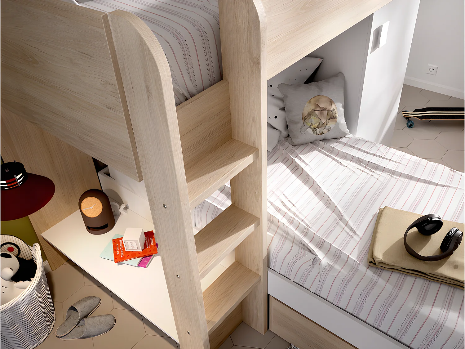 Beliche de canto reversível de 2 x 90 x 190 cm com espaços de arrumação integrados cor carvalho e branco + colchão - RICARDO