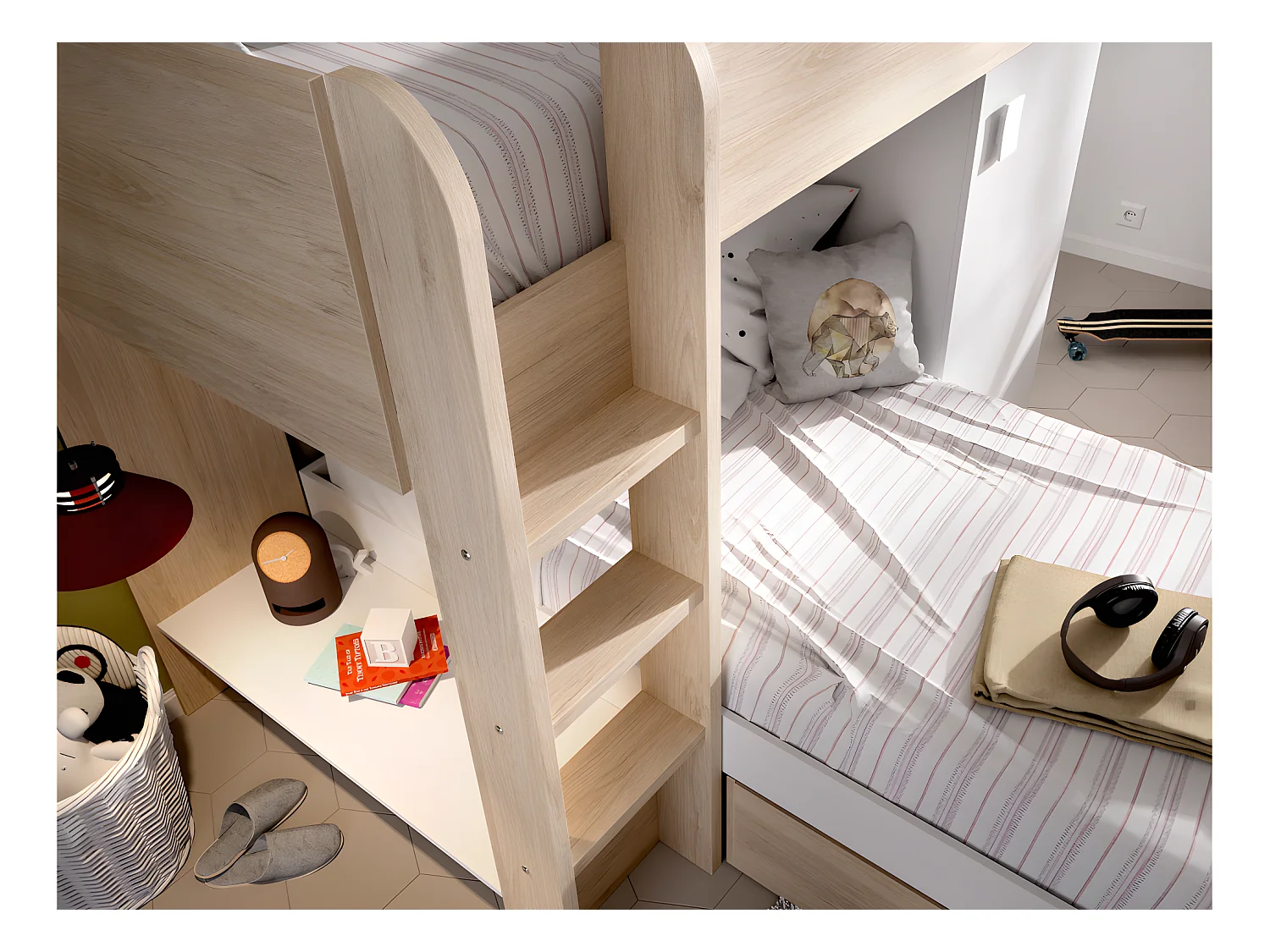 Lits superposés d'angle réversibles RICARDO - 2 x 90 x 190 cm - Rangements intégrés - Chêne et blanc + matelas