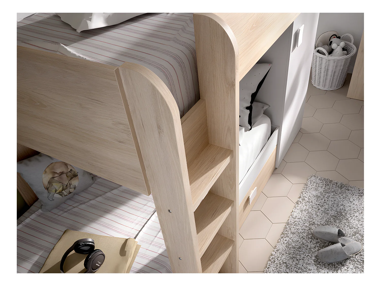 Lits superposés d'angle réversibles RICARDO - 2 x 90 x 190 cm - Rangements intégrés - Chêne et blanc + matelas