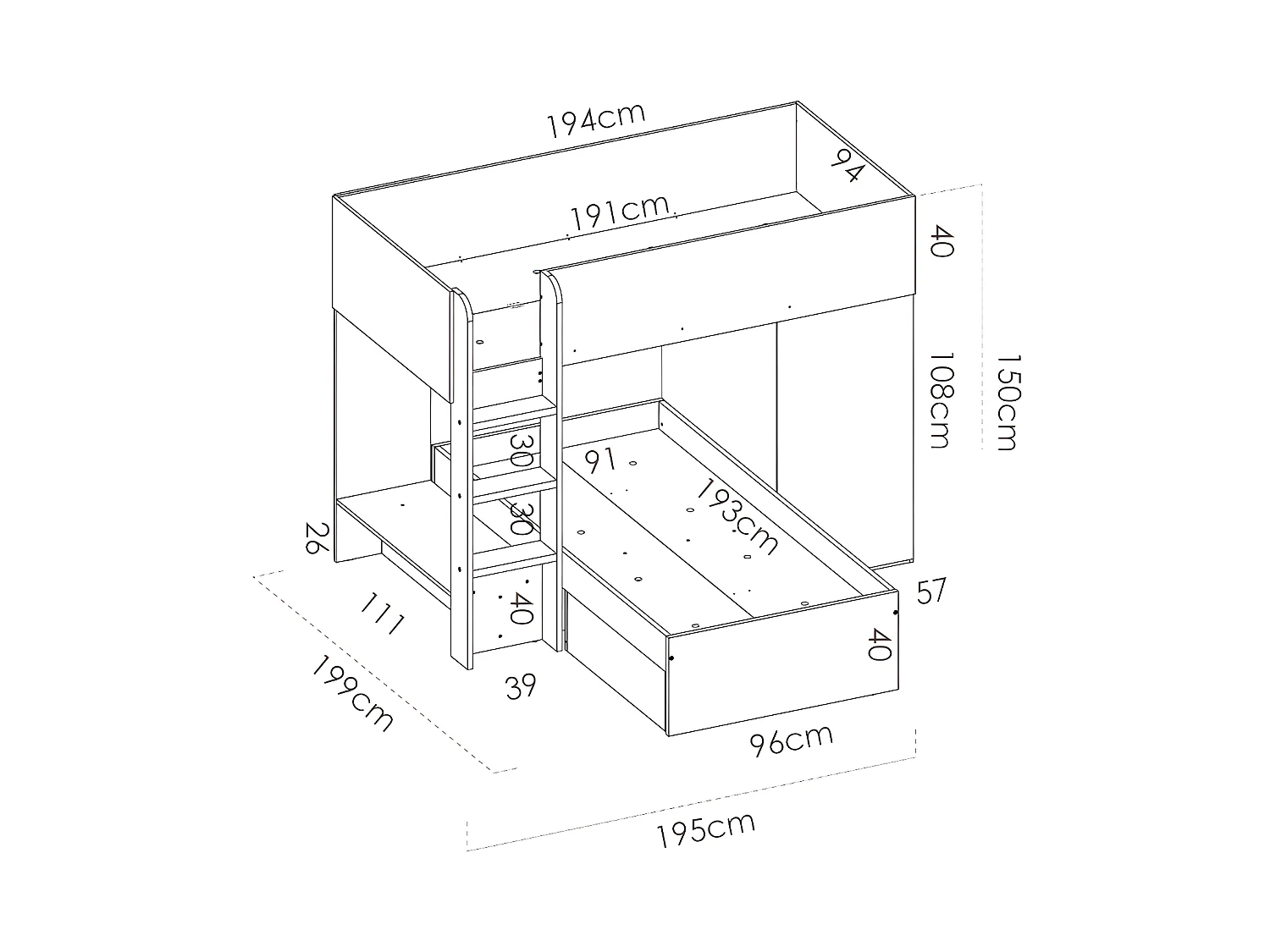 Lits superposés d'angle réversibles RICARDO - 2 x 90 x 190 cm - Rangements intégrés - Chêne et blanc + matelas