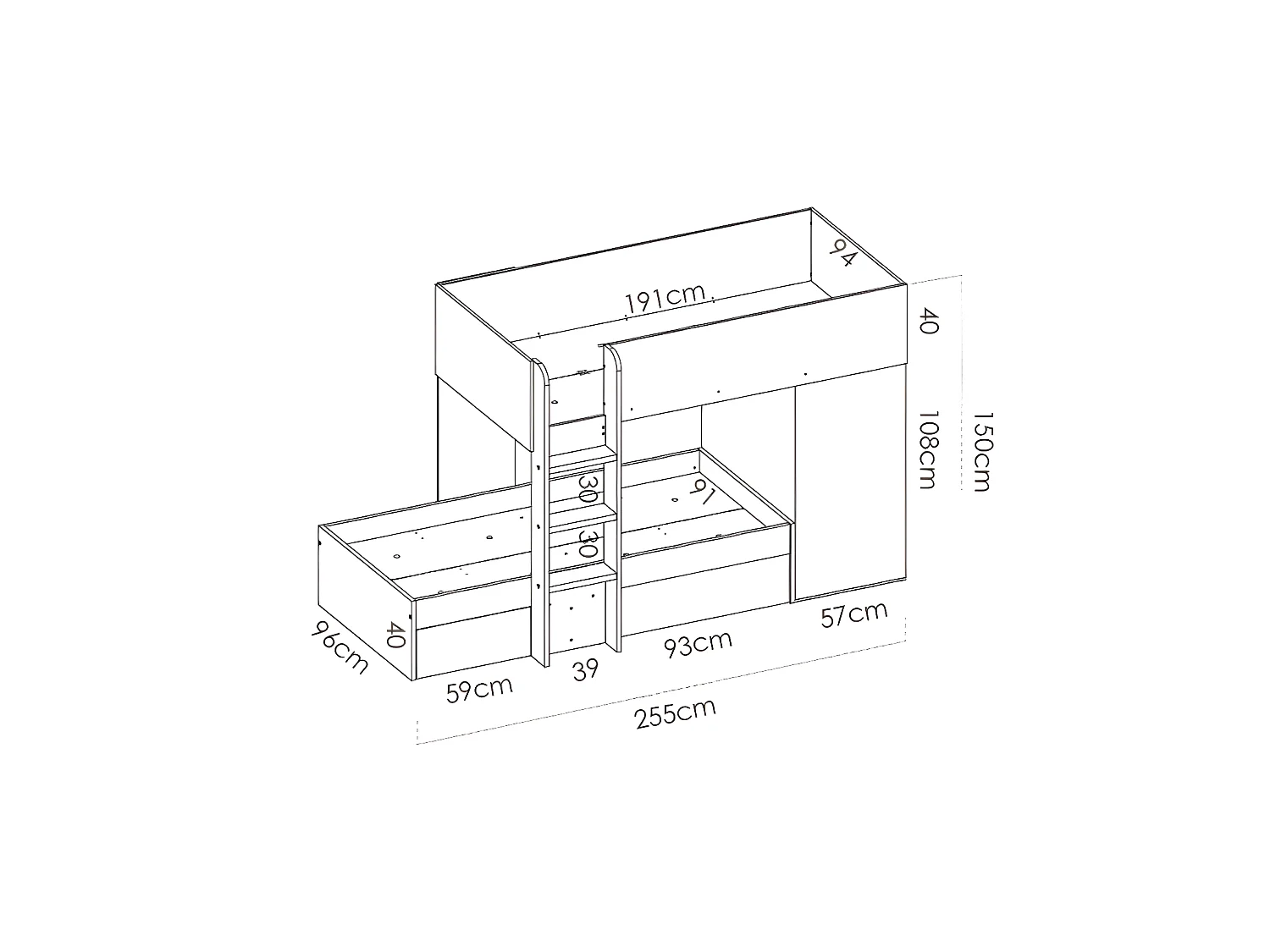 Lits superposés d'angle réversibles RICARDO - 2 x 90 x 190 cm - Rangements intégrés - Chêne et blanc + matelas