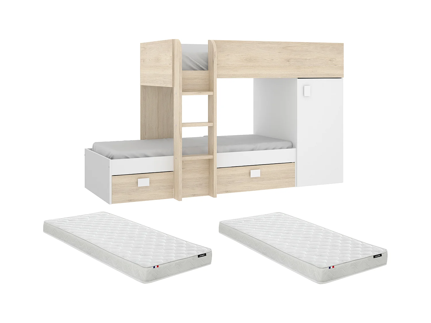 Lits superposés d'angle réversibles RICARDO - 2 x 90 x 190 cm - Rangements intégrés - Chêne et blanc + matelas