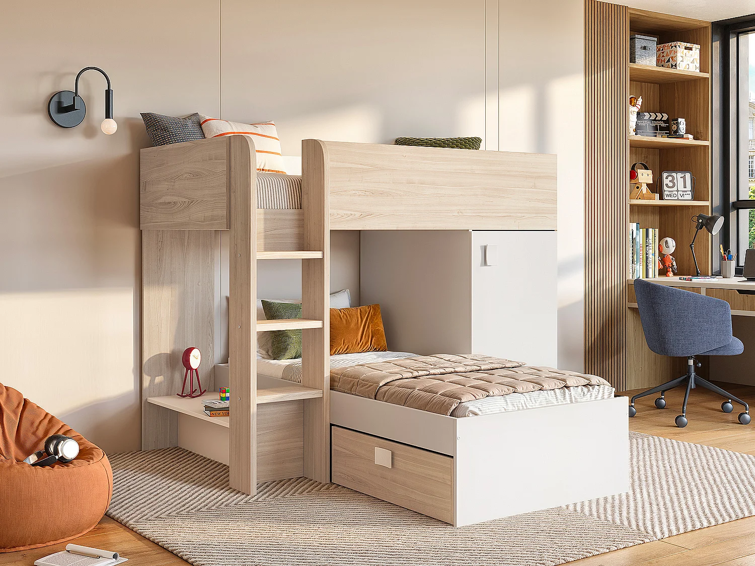 Lits superposés d'angle réversibles RICARDO - 2 x 90 x 190 cm - Rangements intégrés - Chêne et blanc + matelas