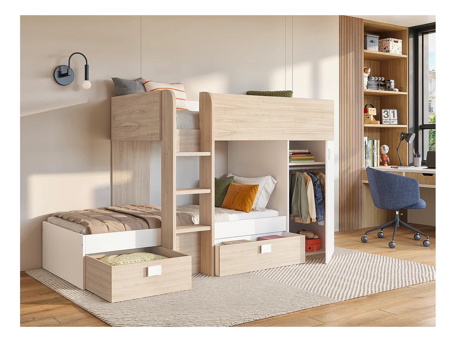 Lits superposés d'angle réversibles RICARDO - 2 x 90 x 190 cm - Rangements intégrés - Chêne et blanc + matelas