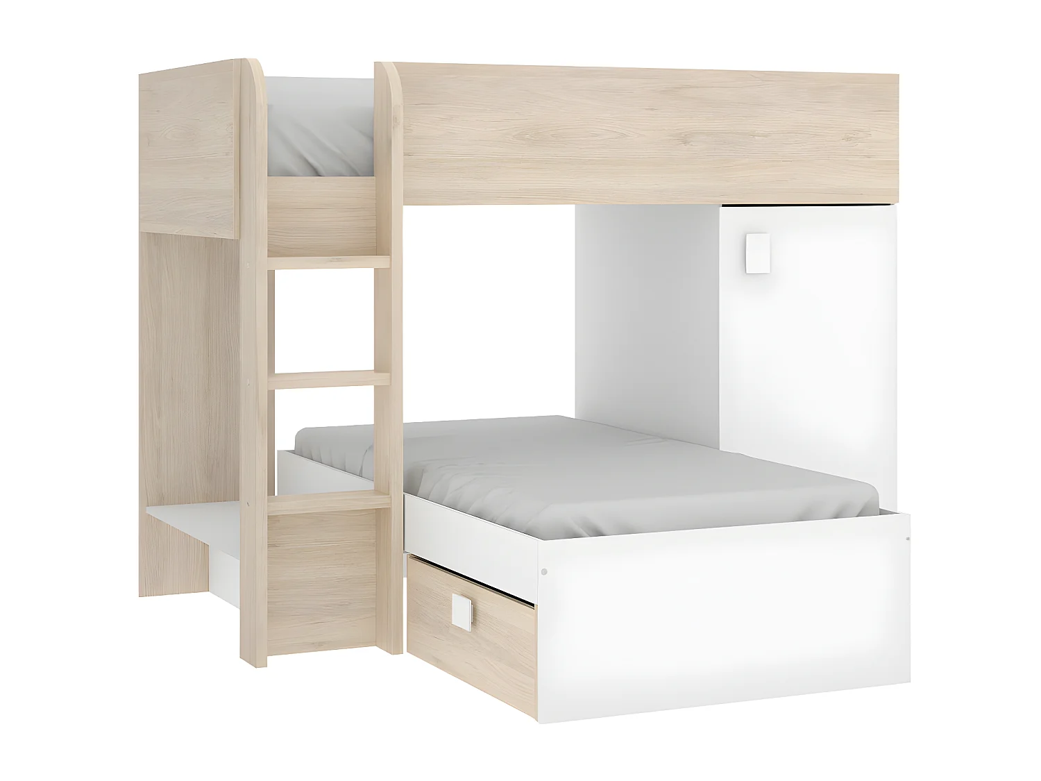 Lits superposés d'angle réversibles RICARDO - 2 x 90 x 190 cm - Rangements intégrés - Chêne et blanc + matelas