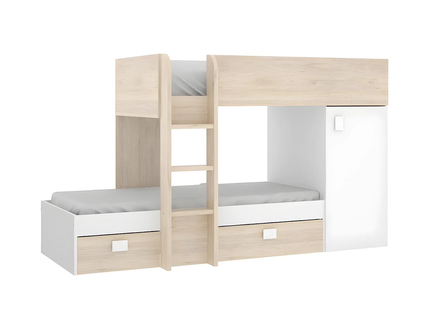Lits superposés d'angle réversibles RICARDO - 2 x 90 x 190 cm - Rangements intégrés - Chêne et blanc + matelas