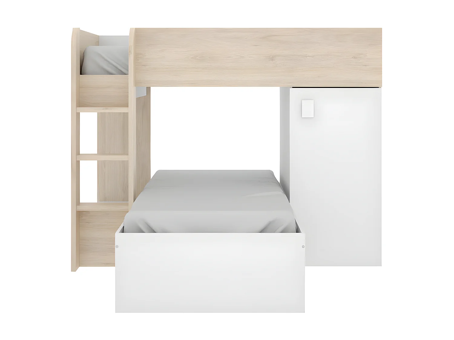 Lits superposés d'angle réversibles RICARDO - 2 x 90 x 190 cm - Rangements intégrés - Chêne et blanc + matelas