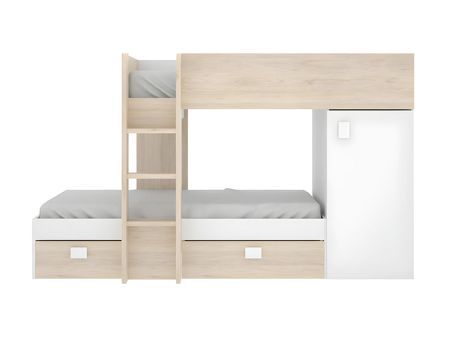 Lits superposés d'angle réversibles RICARDO - 2 x 90 x 190 cm - Rangements intégrés - Chêne et blanc + matelas