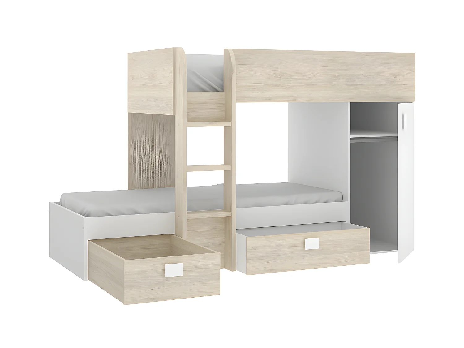 Lits superposés d'angle réversibles RICARDO - 2 x 90 x 190 cm - Rangements intégrés - Chêne et blanc + matelas