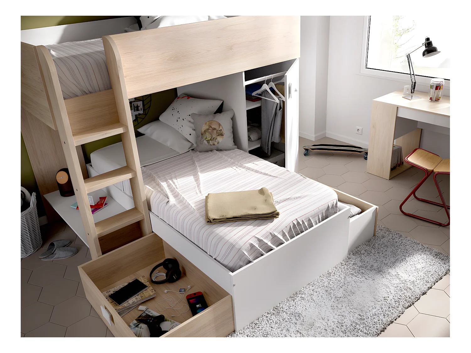 Lits superposés d'angle réversibles RICARDO - 2 x 90 x 190 cm - Rangements intégrés - Chêne et blanc + matelas