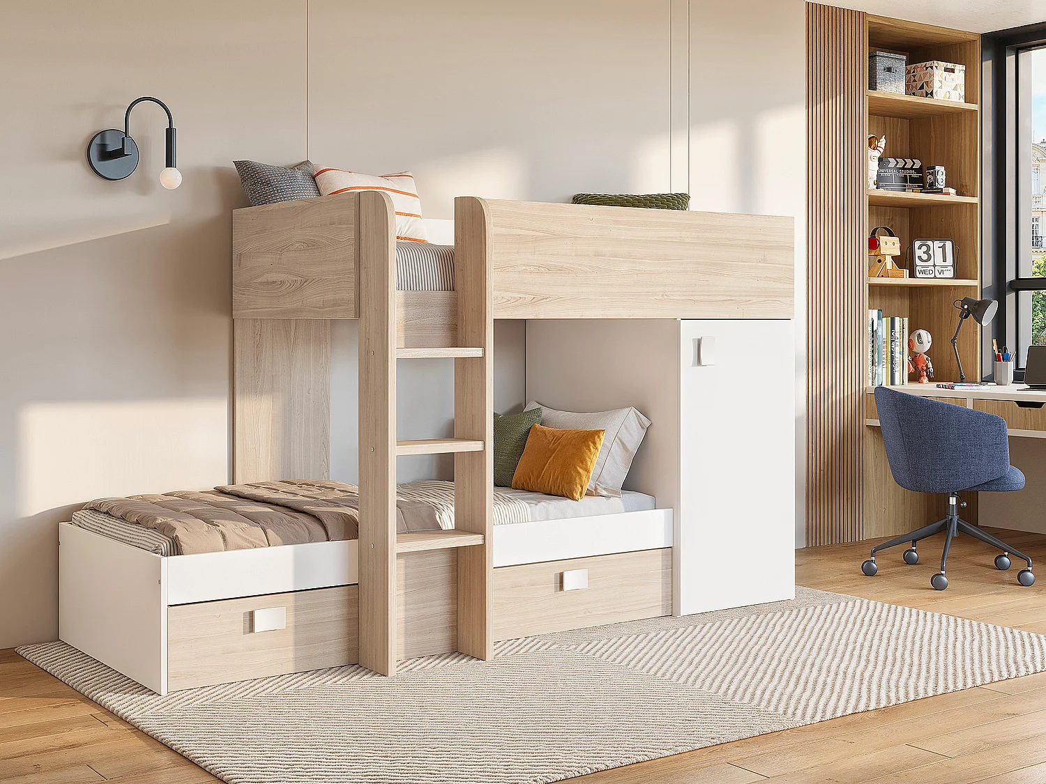 Letto a castello ad angolo reversibile - Vani portaoggetti integrati 2 x 90 x 190 cm Rovere e Bianco + materasso - RICARDO