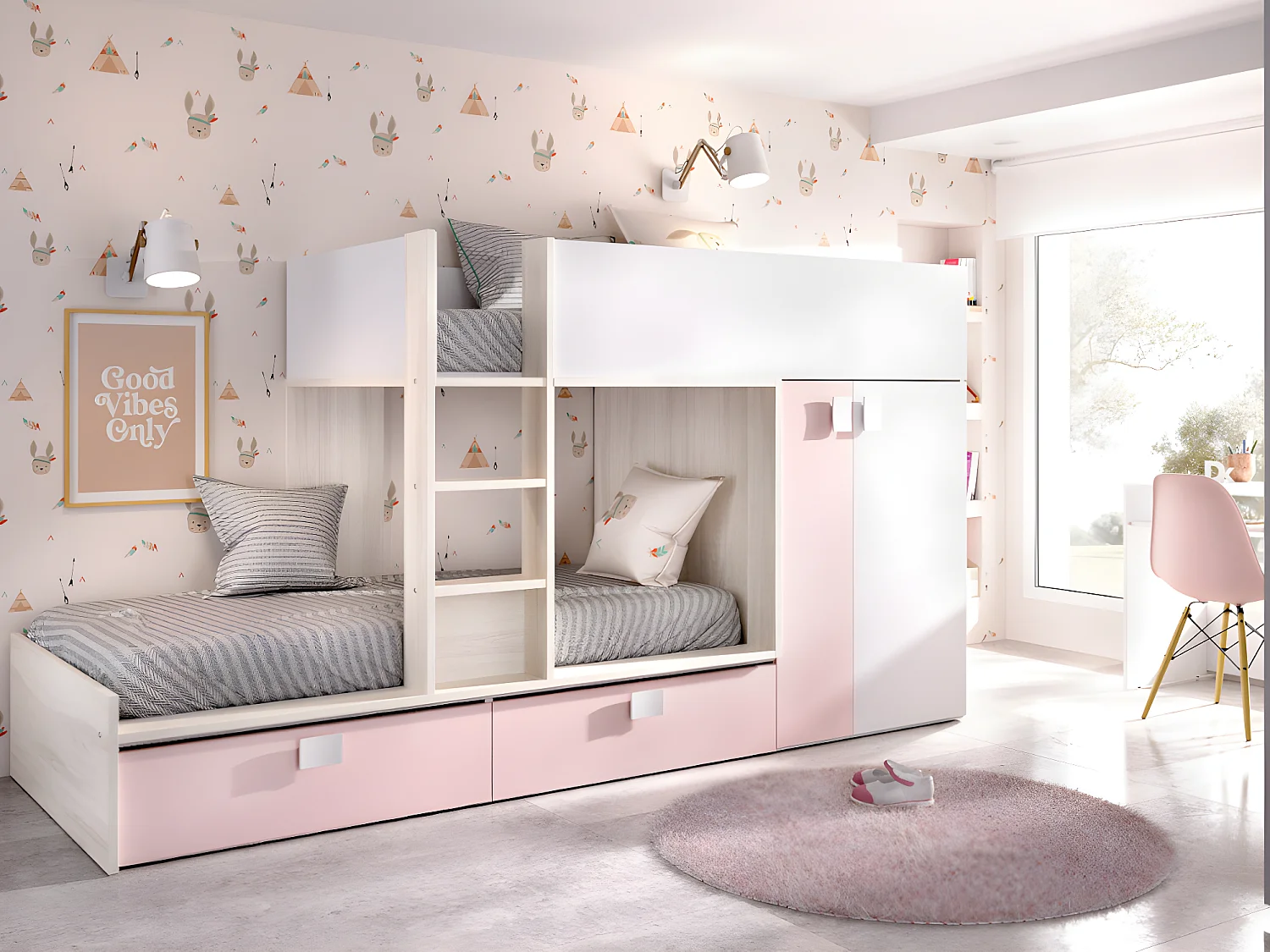 Etagenbett mit Kleiderschrank + Matratzen - 2x 90 x 190 cm - Weiß, Naturfarben & Rosa - JUANITO