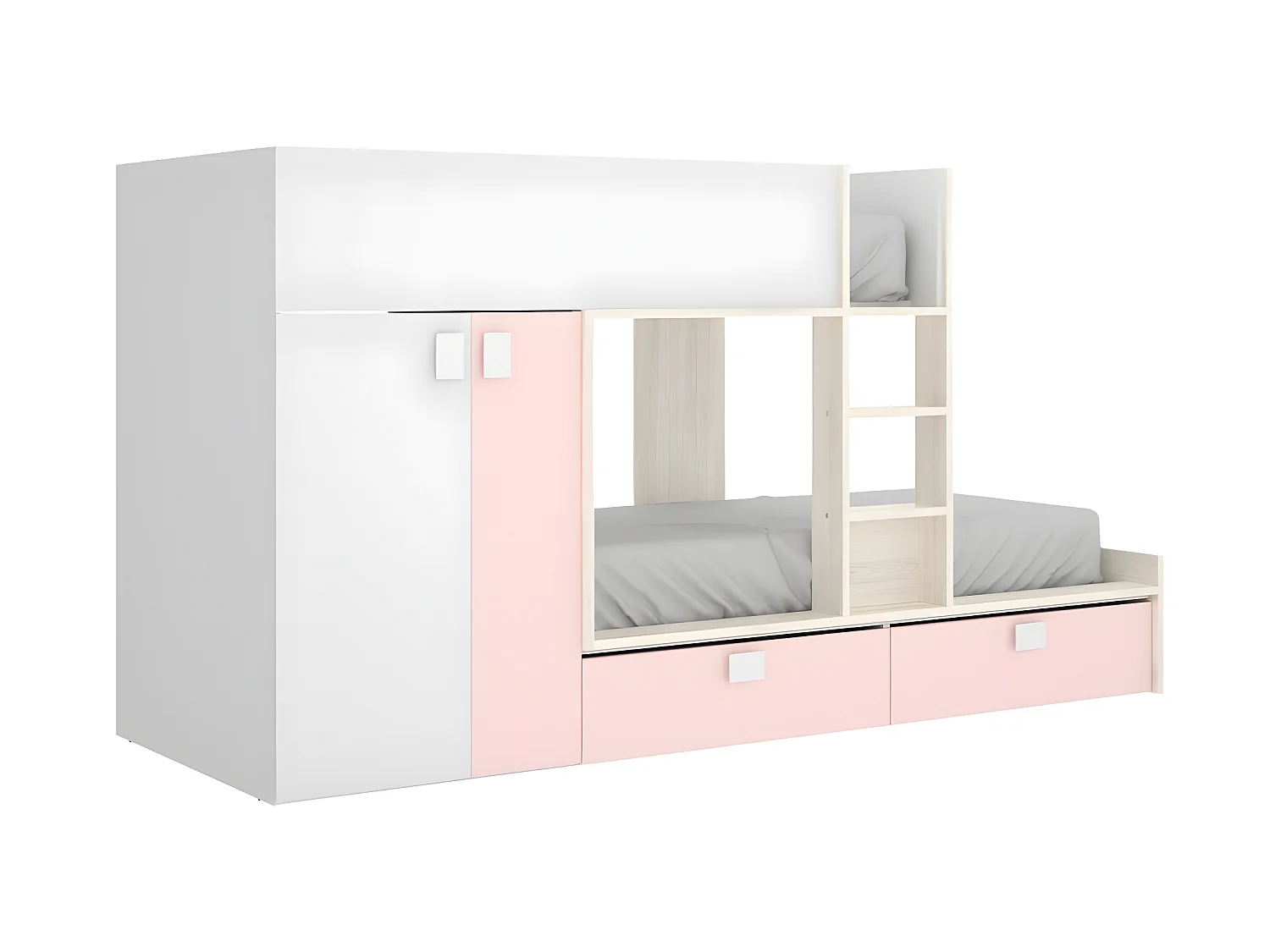Lits Superposés 2 x 90 x 190 cm - Armoire intégrée - Blanc, naturel et rose + matelas - JUANITO