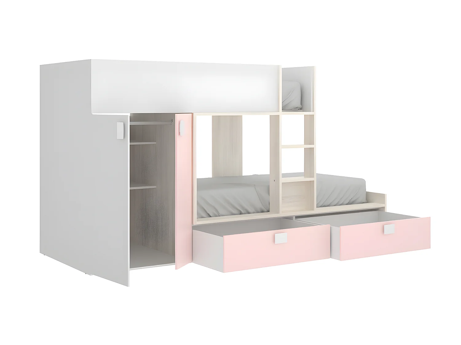 Lits Superposés 2 x 90 x 190 cm - Armoire intégrée - Blanc, naturel et rose + matelas - JUANITO