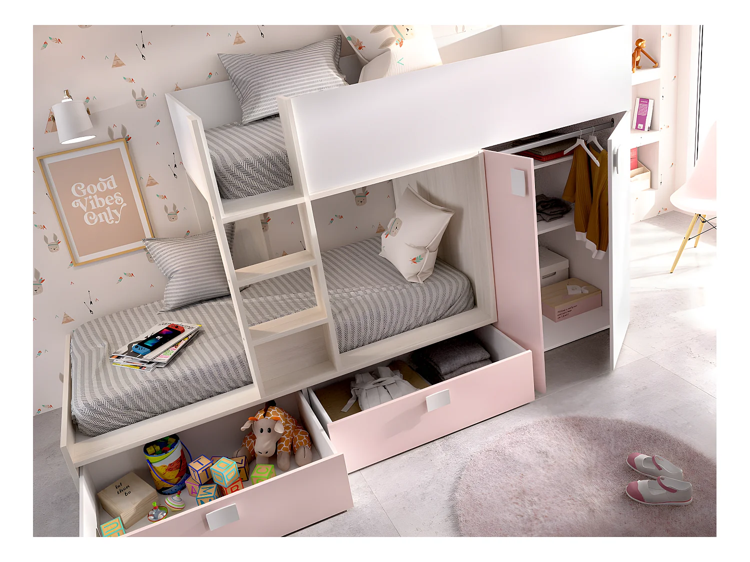 Lits Superposés 2 x 90 x 190 cm - Armoire intégrée - Blanc, naturel et rose + matelas - JUANITO