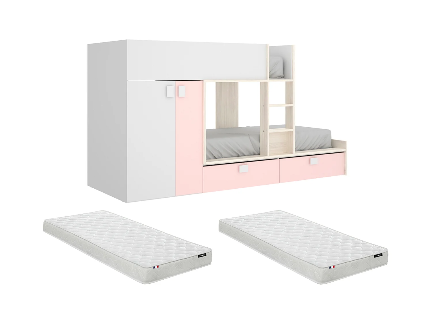 Lits Superposés 2 x 90 x 190 cm - Armoire intégrée - Blanc, naturel et rose + matelas - JUANITO