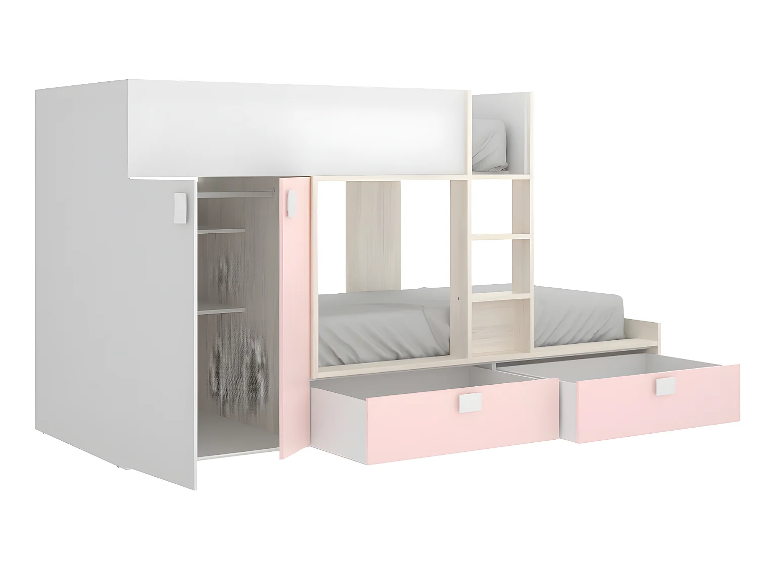 Etagenbett mit Kleiderschrank + Matratzen - 2x 90 x 190 cm - Weiß, Naturfarben & Rosa - JUANITO