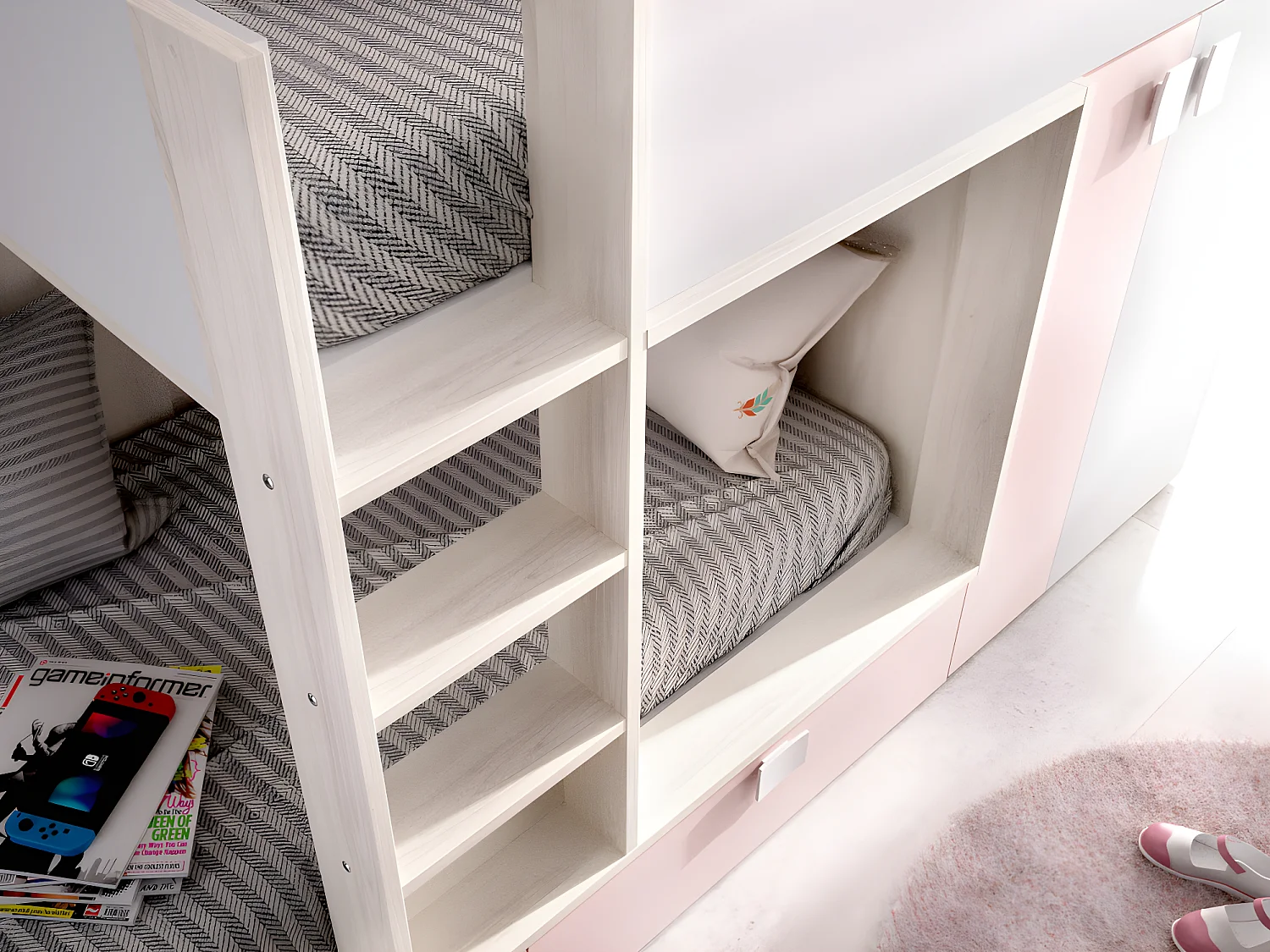 Etagenbett mit Kleiderschrank + Matratzen - 2x 90 x 190 cm - Weiß, Naturfarben & Rosa - JUANITO