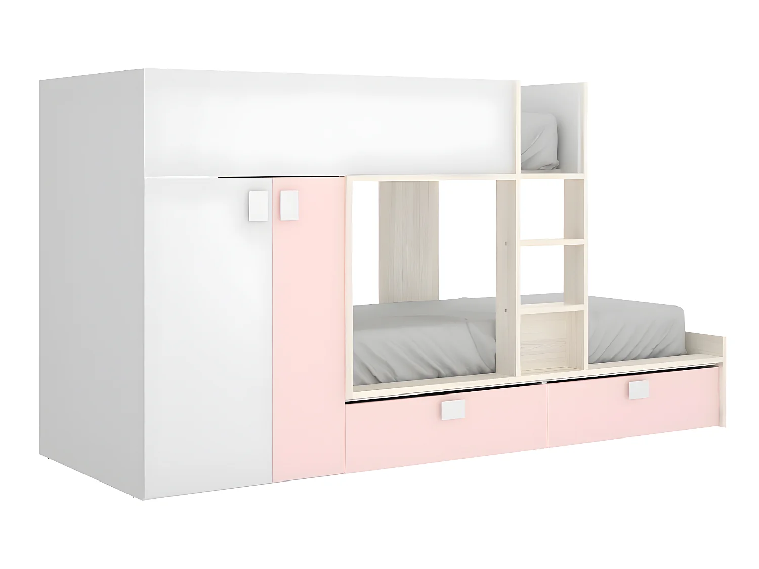 Etagenbett mit Kleiderschrank + Matratzen - 2x 90 x 190 cm - Weiß, Naturfarben & Rosa - JUANITO