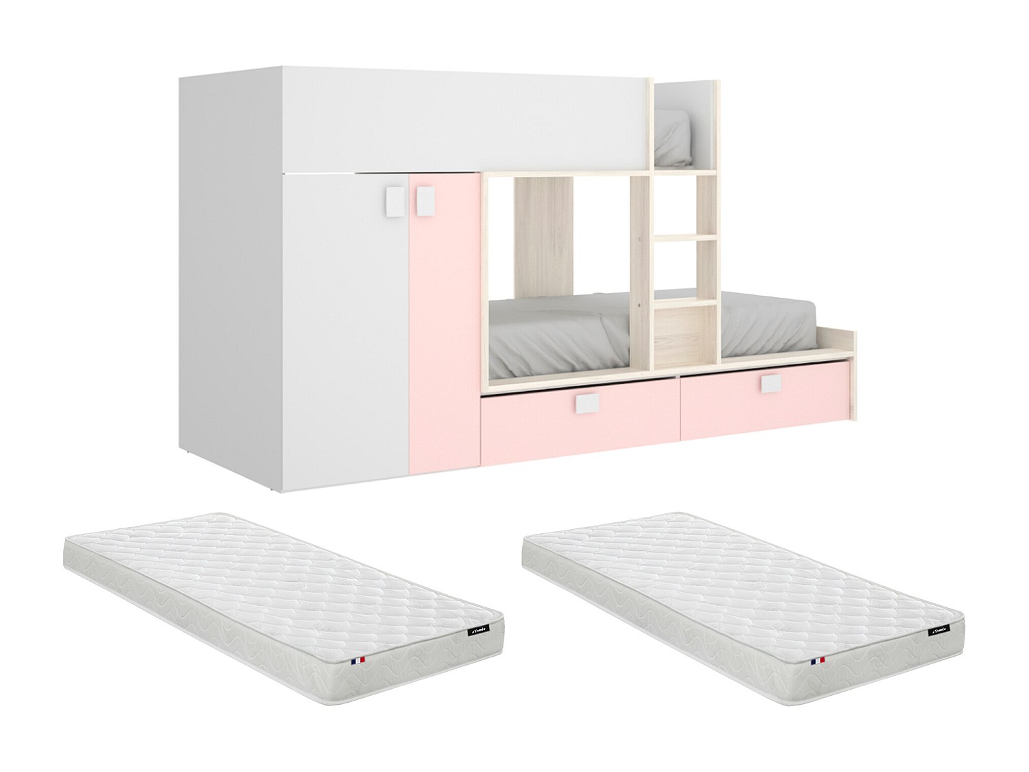 Etagenbett mit Kleiderschrank + Matratzen - 2x 90 x 190 cm - Weiß, Naturfar günstig online kaufen