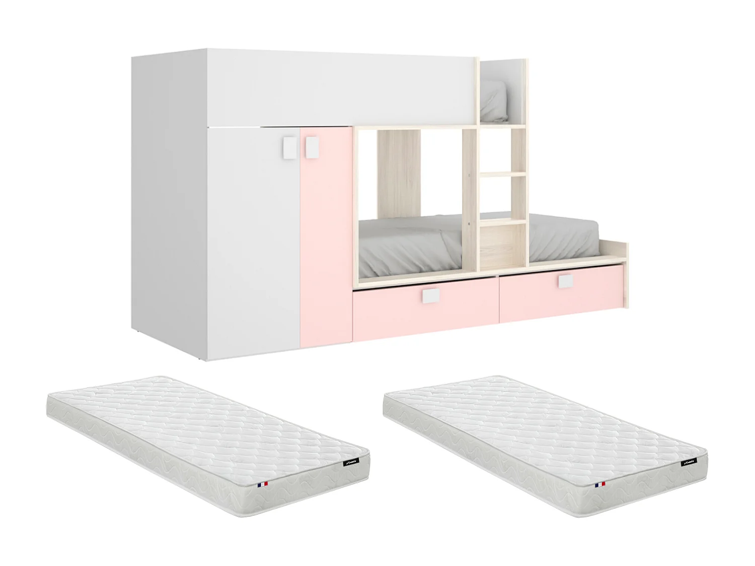 Etagenbett mit Kleiderschrank + Matratzen - 2x 90 x 190 cm - Weiß, Naturfarben & Rosa - JUANITO