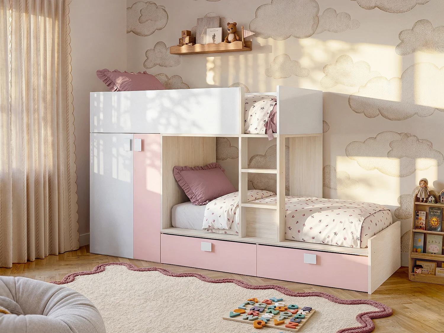 Lits Superposés 2 x 90 x 190 cm - Armoire intégrée - Blanc, naturel et rose + matelas - JUANITO