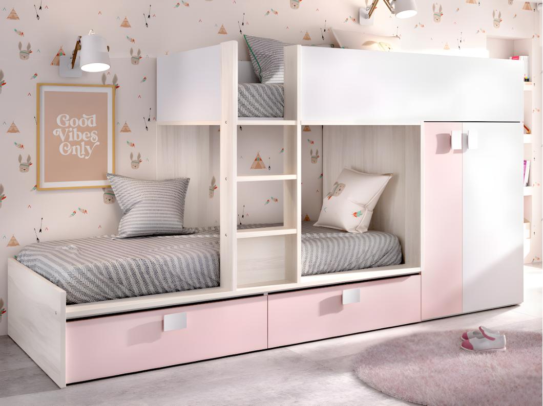 Cama tren con armario - 2 x 90 x 190 cm - Blanco, natural y rosa + colchón - JUANITO