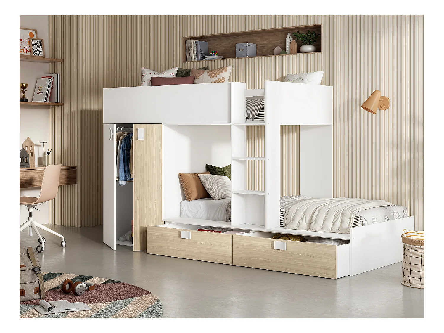 Lits Superposés 2 x 90 x 190 cm - Armoire intégrée - Blanc et naturel + matelas - JUANITO