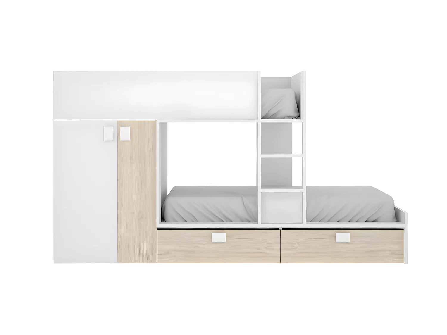 Lits Superposés 2 x 90 x 190 cm - Armoire intégrée - Blanc et naturel + matelas - JUANITO