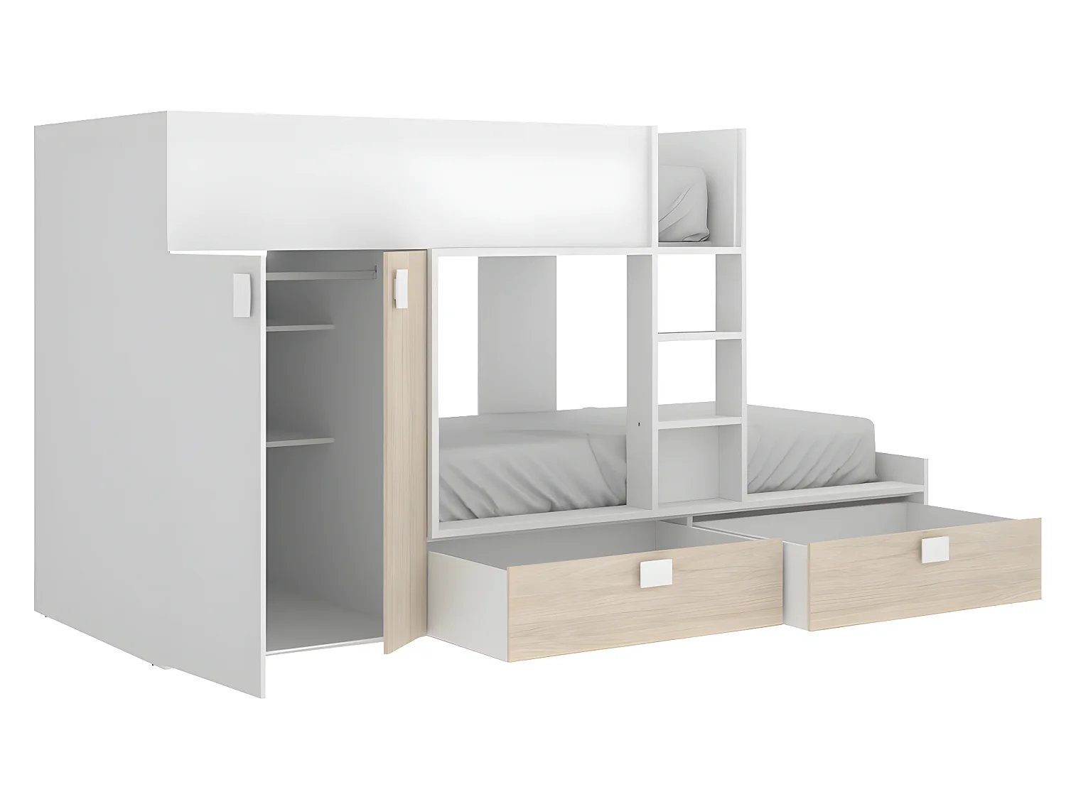 Lits Superposés 2 x 90 x 190 cm - Armoire intégrée - Blanc et naturel + matelas - JUANITO