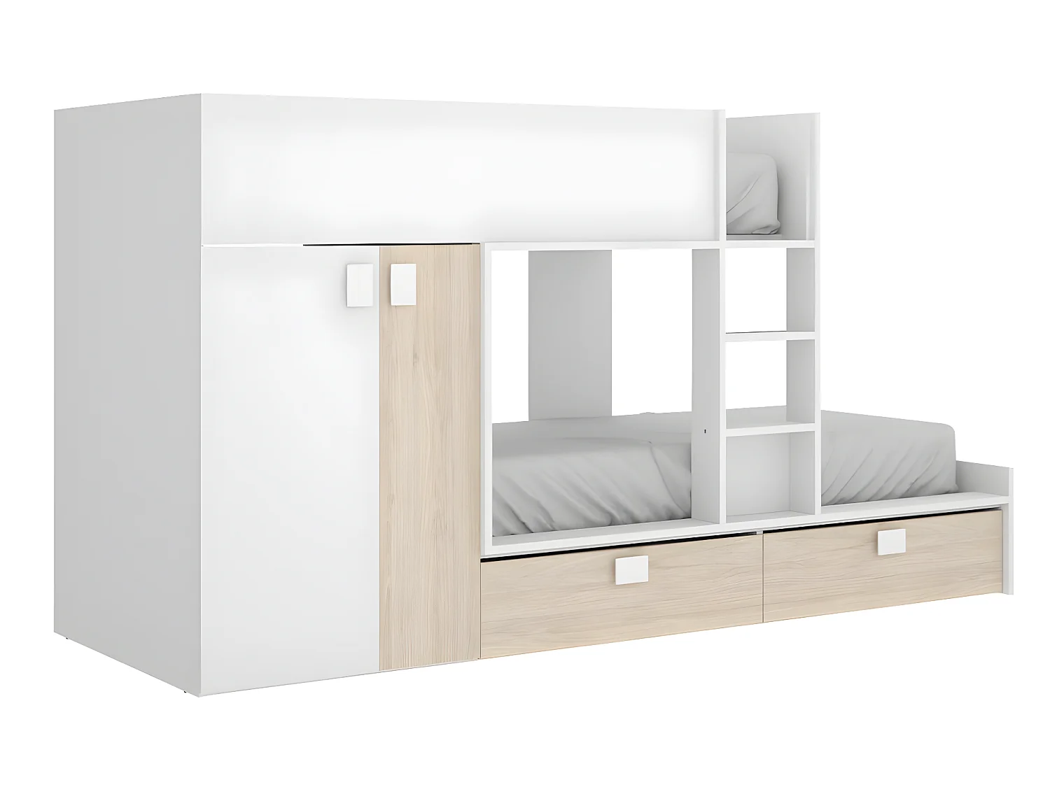 Lits Superposés 2 x 90 x 190 cm - Armoire intégrée - Blanc et naturel + matelas - JUANITO