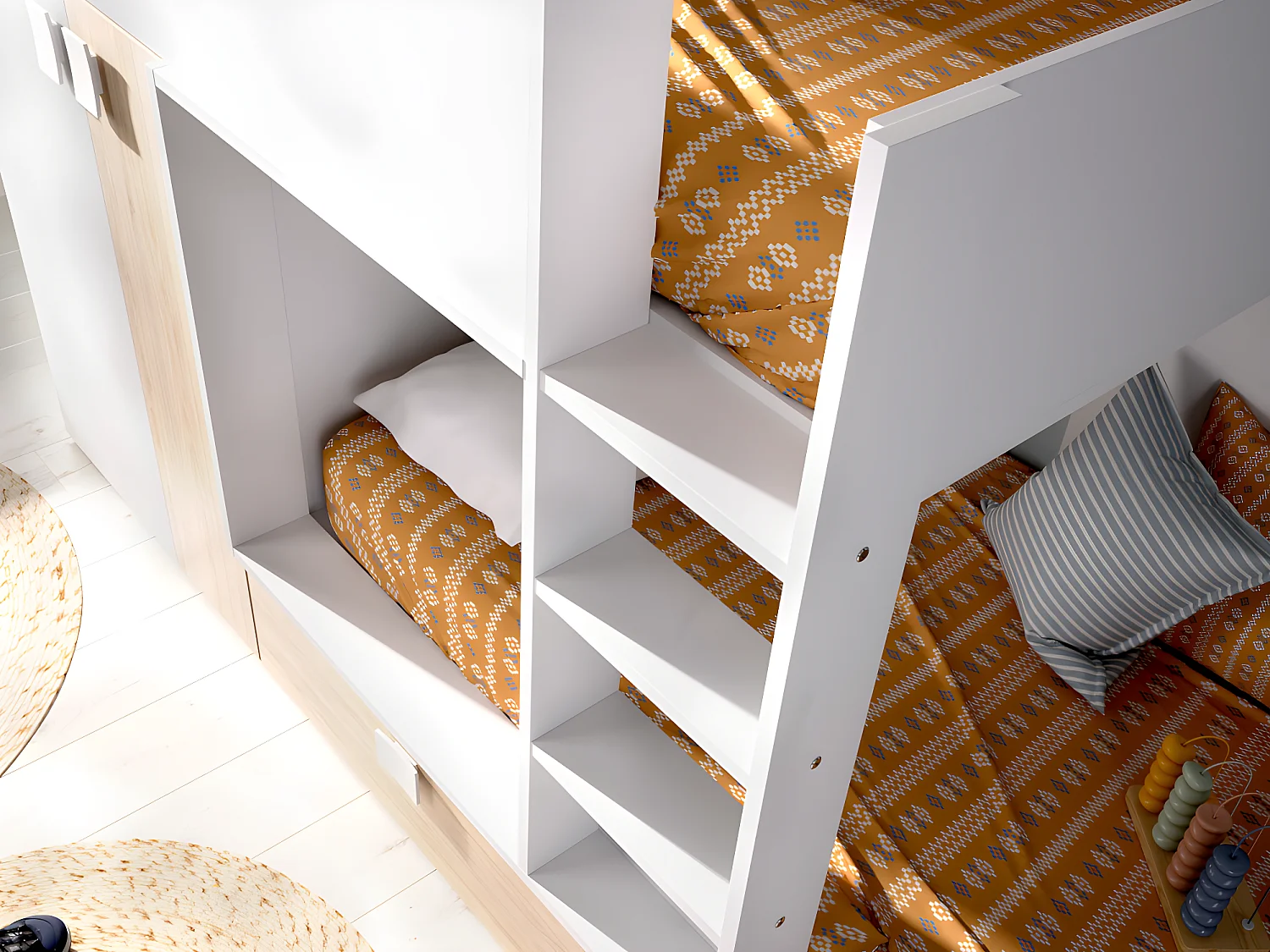 Lits Superposés 2 x 90 x 190 cm - Armoire intégrée - Blanc et naturel + matelas - JUANITO