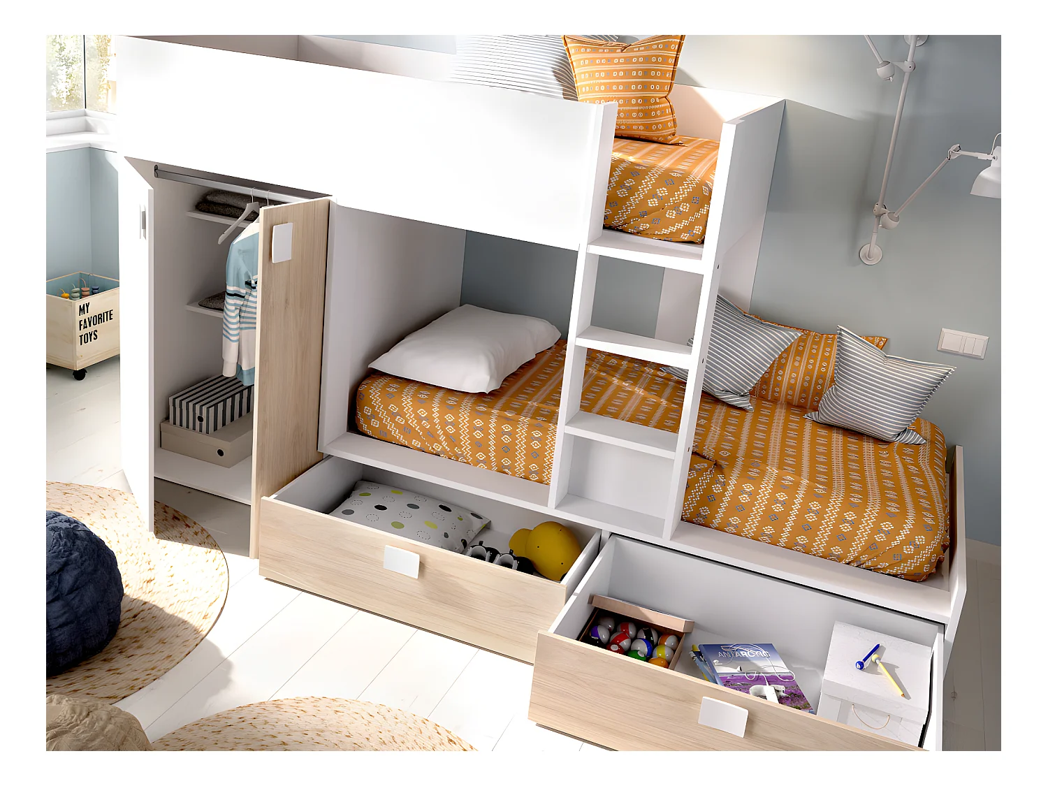 Lits Superposés 2 x 90 x 190 cm - Armoire intégrée - Blanc et naturel + matelas - JUANITO