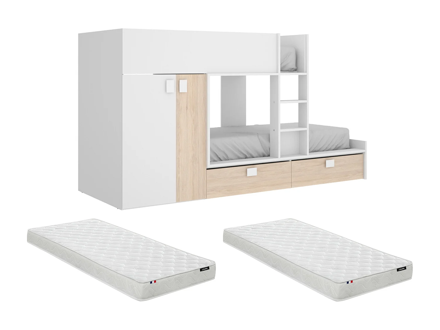 Lits Superposés 2 x 90 x 190 cm - Armoire intégrée - Blanc et naturel + matelas - JUANITO