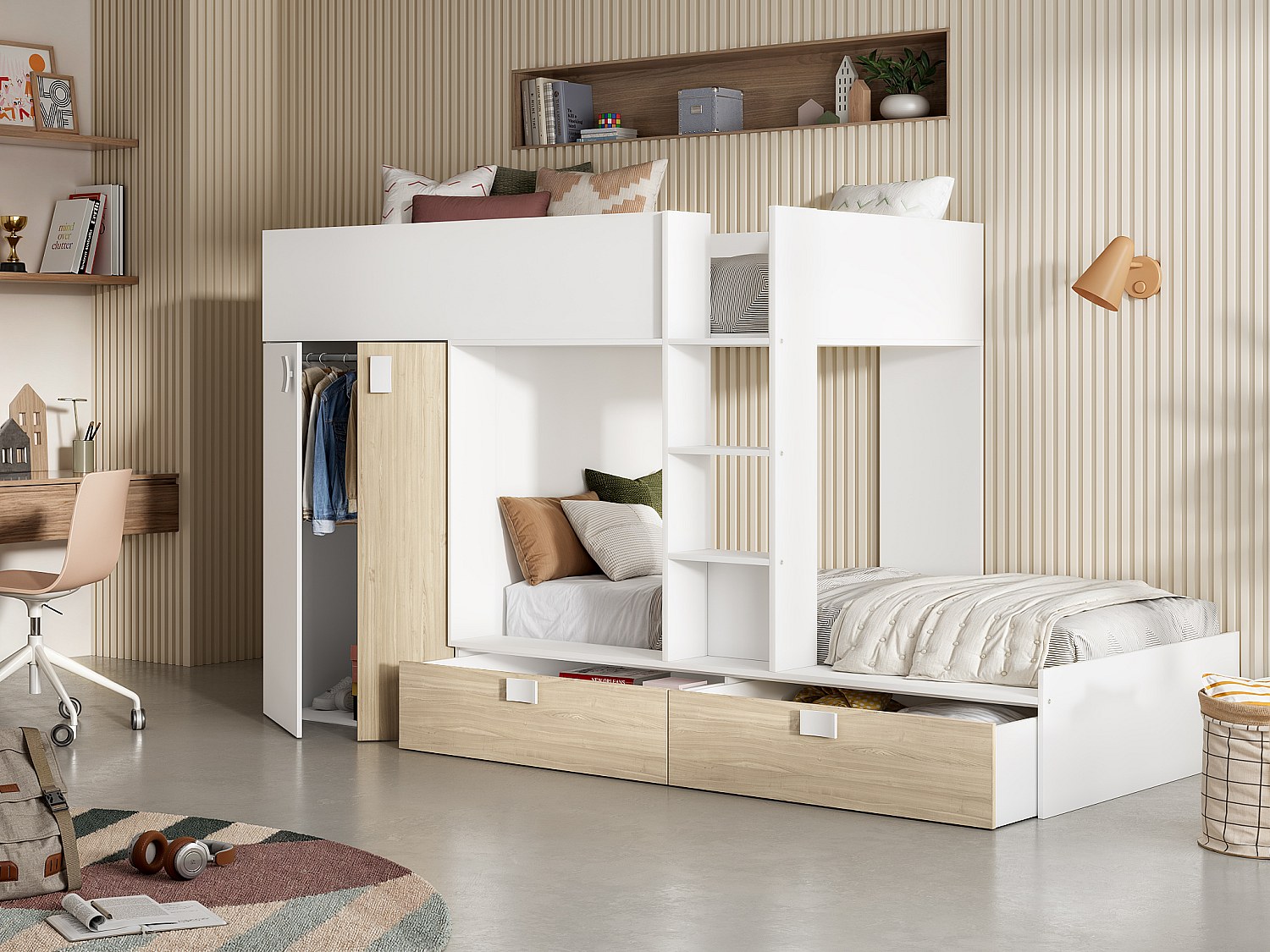 Etagenbett mit Kleiderschrank + Matratzen - 2x 90 x 190 cm - Weiß & Naturfa günstig online kaufen