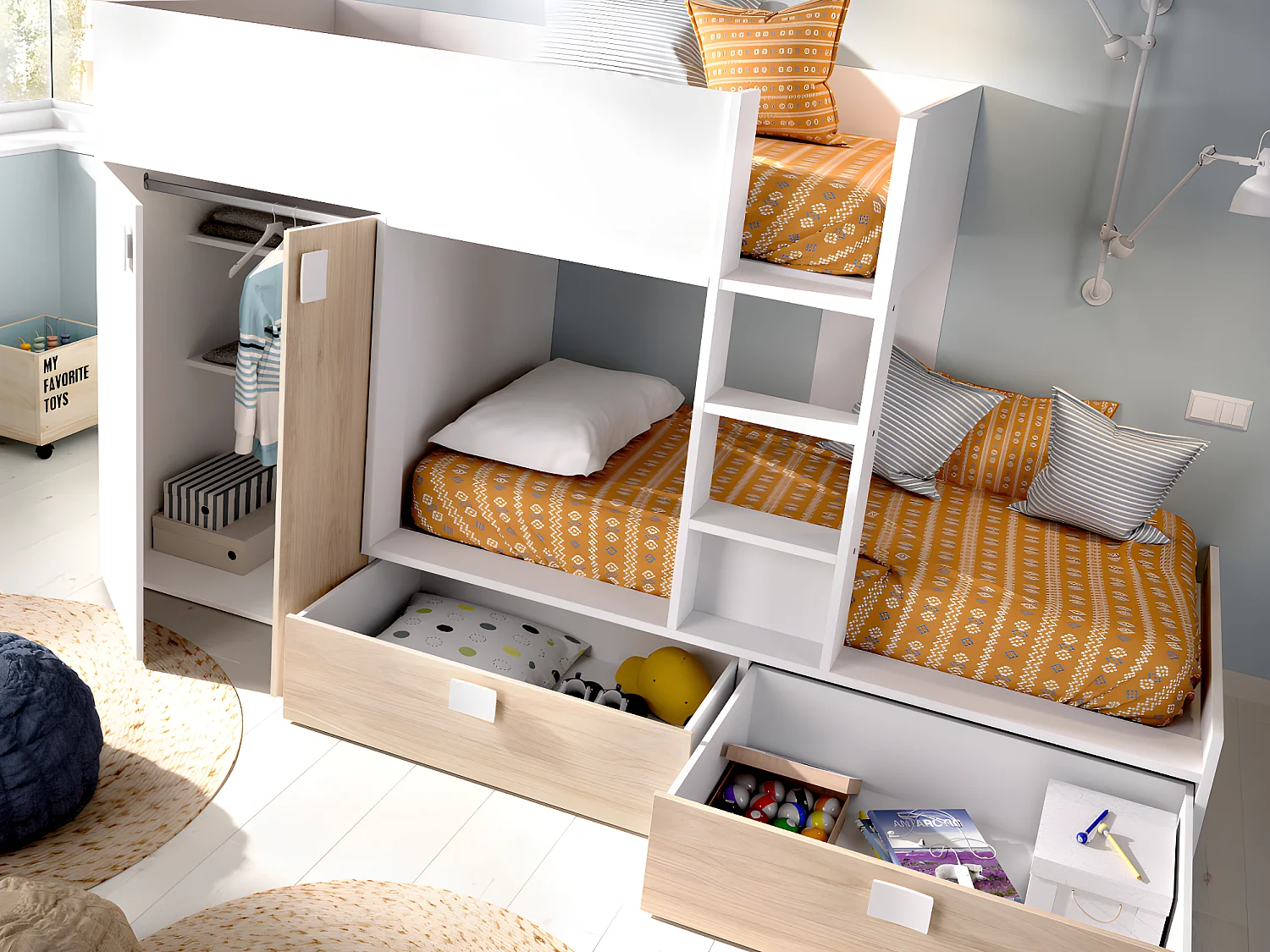 Beliche com armário integrado de 2 x 90 x 190 cm cor branco e natural + Colchão - JUANITO