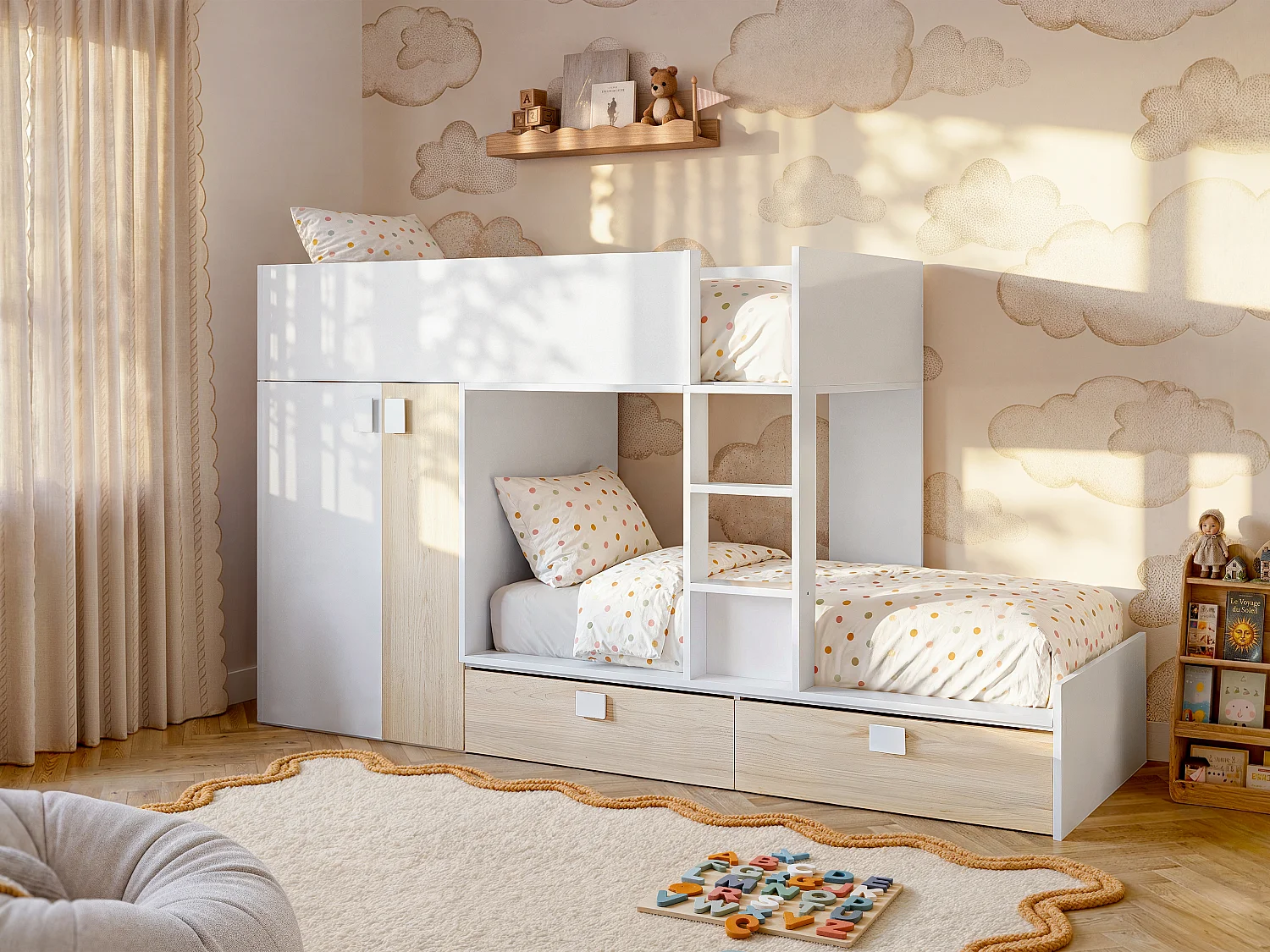 Stapelbed - Ingebouwde kast - 2x90x190cm - Wit en eiken + matras - JUANITO