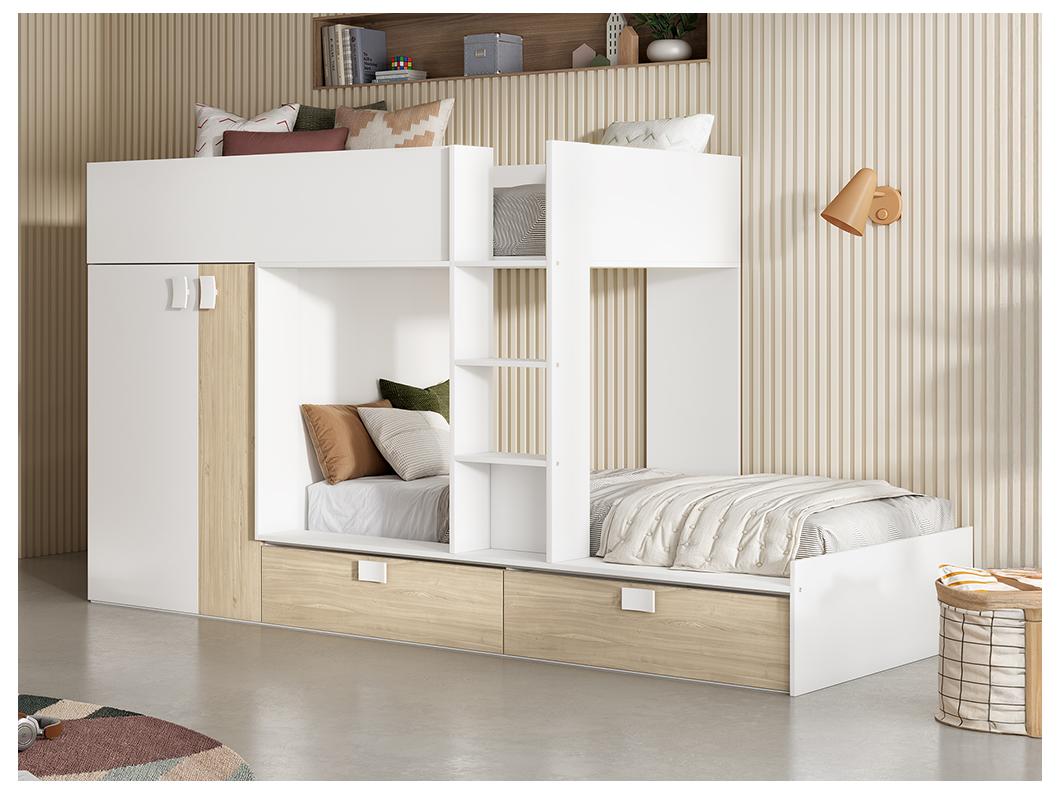 Stapelbed - Ingebouwde kast - 2x90x190cm - Wit en eiken + matras - JUANITO