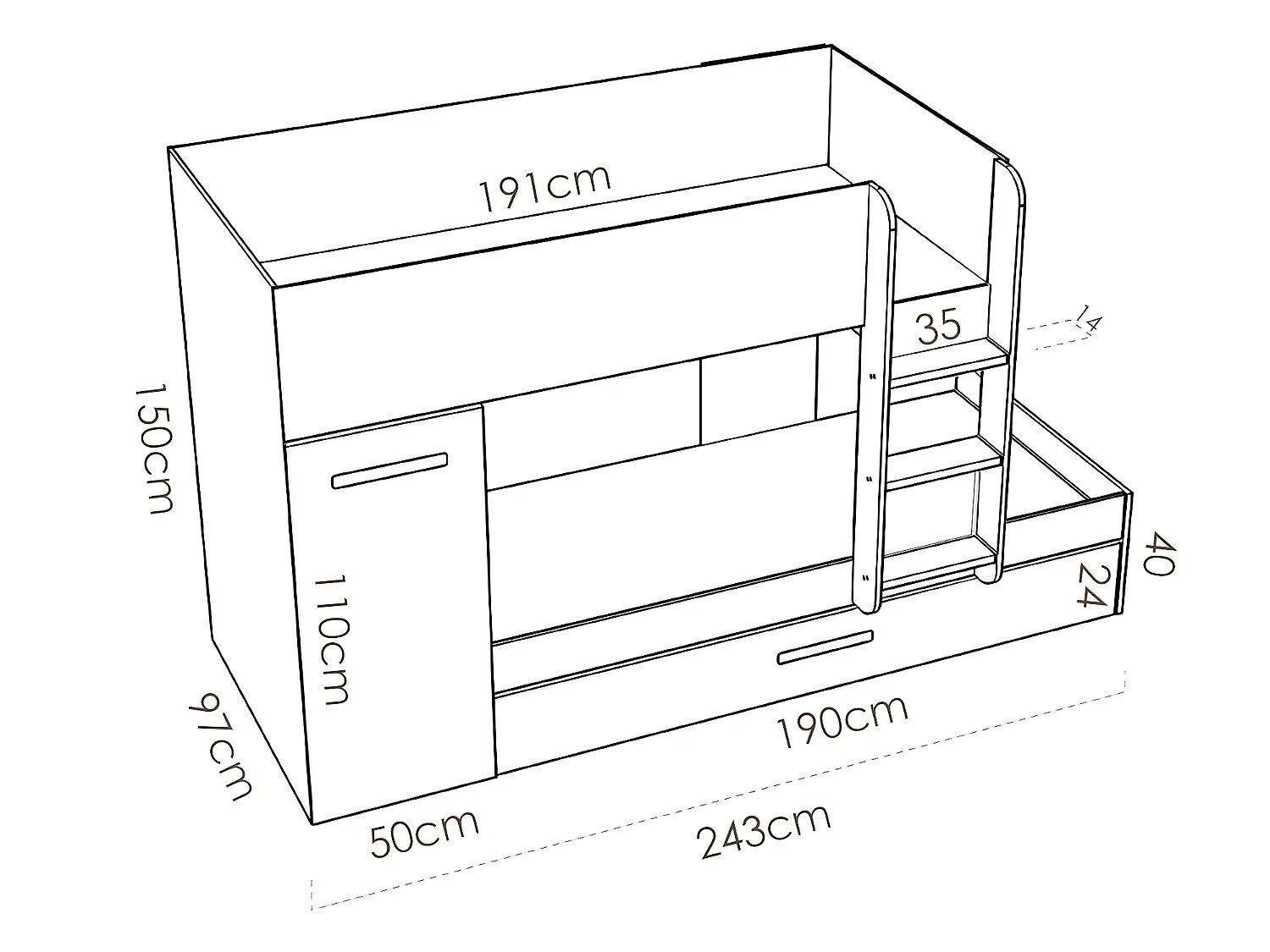 Letto a castello con contenitori 3 x 90 x 190 cm Bianco, Naturale e Rosa + Materasso - ANTHONY