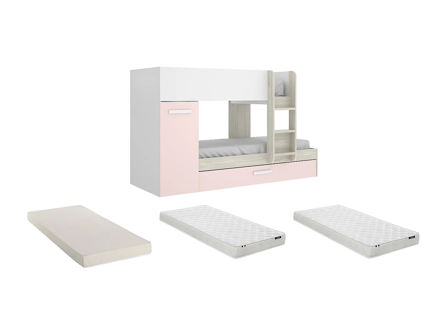 Letto a castello con contenitori 3 x 90 x 190 cm Bianco, Naturale e Rosa + Materasso - ANTHONY