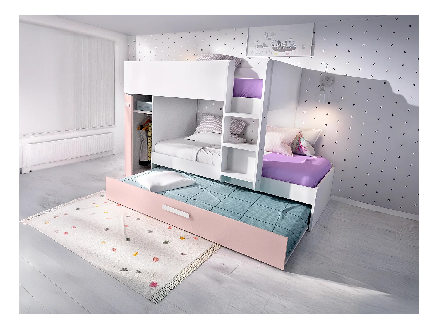 Etagenbett Ausziehbett mit Stauraum + Matratzen - 3x 90 x 190 cm - Weiß, Naturfarben & Rosa - ANTHONY
