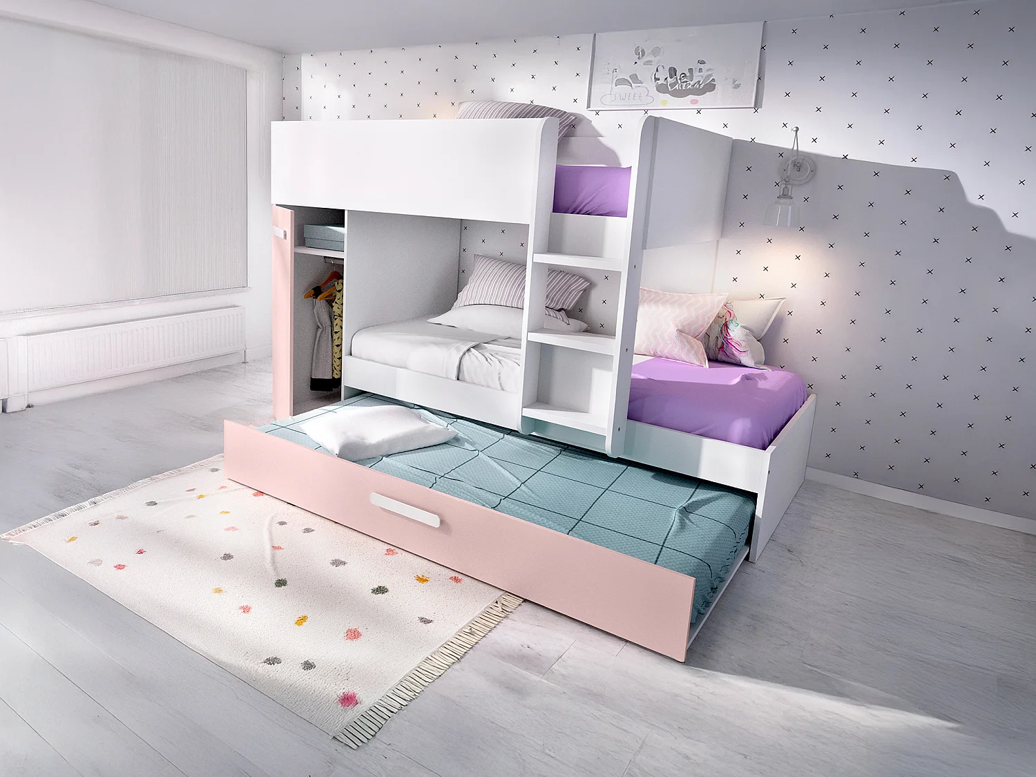 Etagenbett Ausziehbett mit Stauraum + Matratzen - 3x 90 x 190 cm - Weiß, Naturfarben & Rosa - ANTHONY