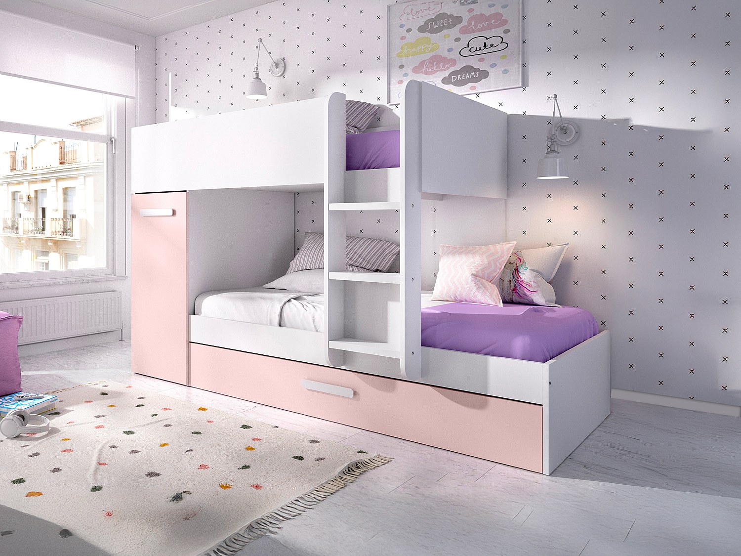 Etagenbett Ausziehbett mit Stauraum + Matratzen - 3x 90 x 190 cm - Weiß, Na günstig online kaufen