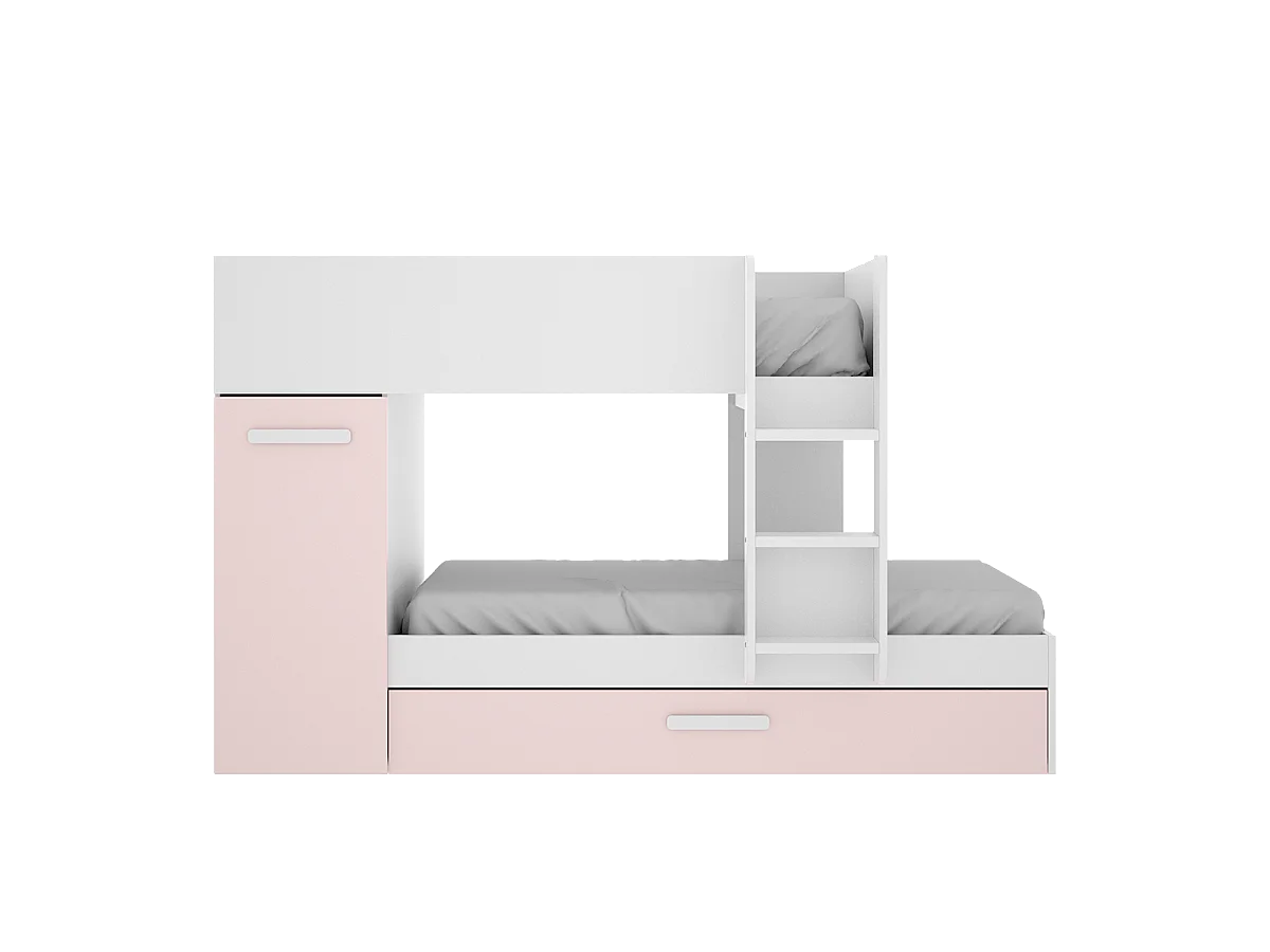 Letto a castello con contenitori 3 x 90 x 190 cm Bianco, Naturale e Rosa + Materasso - ANTHONY