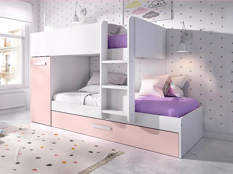 Lits superposés avec tiroir lit gigogne et rangements 3 x 90 x 190 cm - Blanc et rose  + matelas - ANTHONY