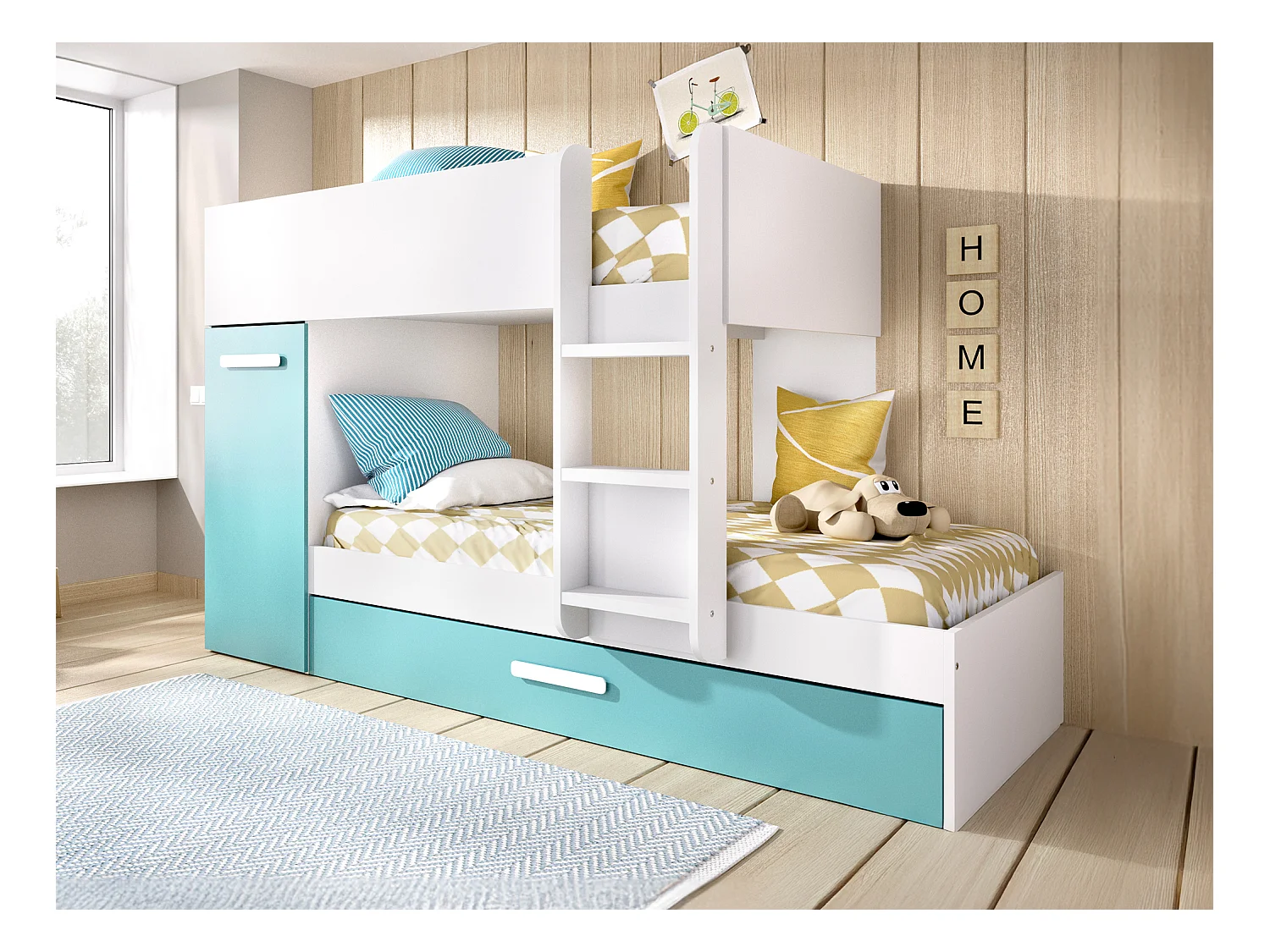 Lits Superposés ANTHONY avec rangements 3 x 90 x 190 cm -  Blanc et bleu + Matelas
